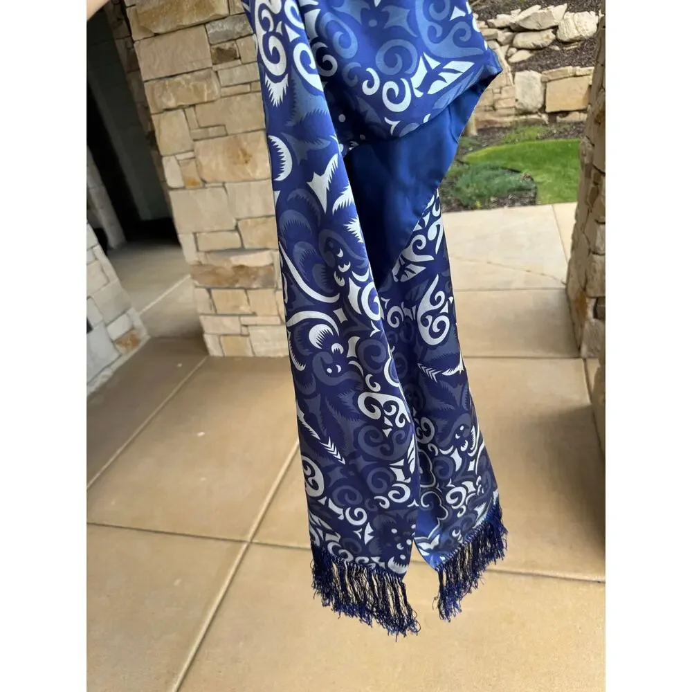 Shanghai Tang Blue White Ornamental Print 100% Silk Fringe Scarf
